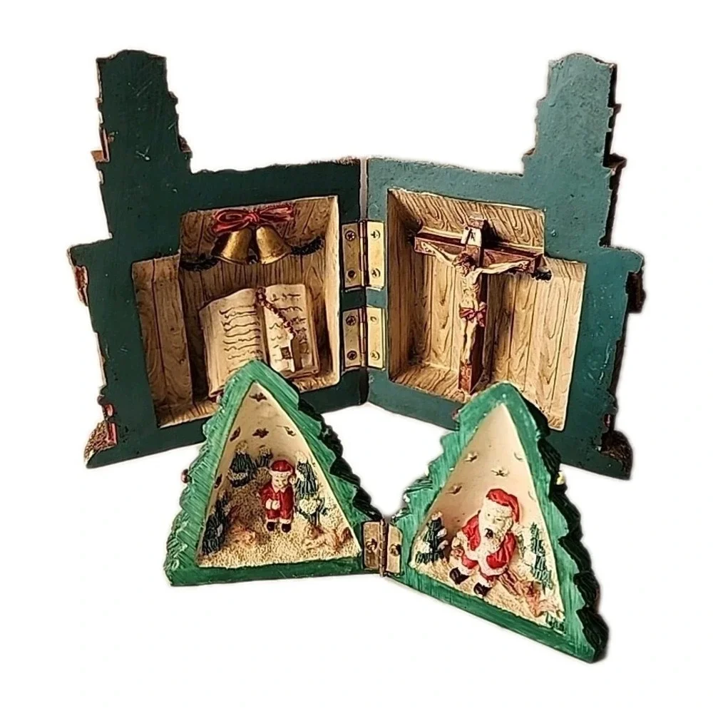 Lot 2 VTG Christmas Hinged‎ Diorama Cottage w/Christ & Bible, Xmas Tree w/Santa
